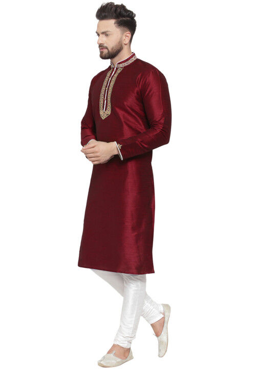 Embroidered Dupion Silk Kurta Set in Maroon