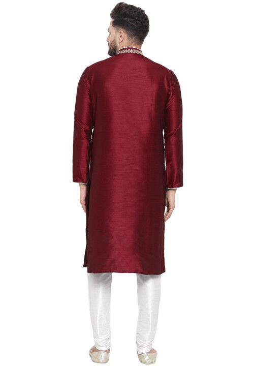 Embroidered Dupion Silk Kurta Set in Maroon