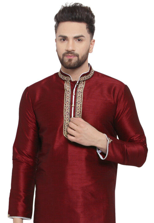 Embroidered Dupion Silk Kurta Set in Maroon
