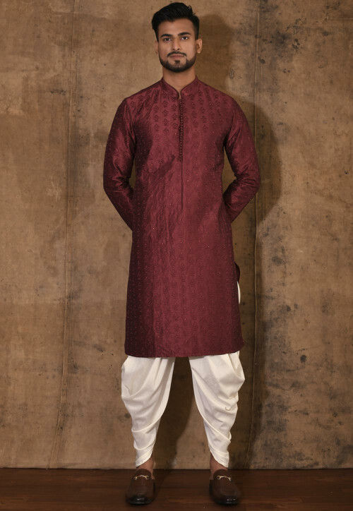 Embroidered Dupion Silk Kurta Set in Maroon