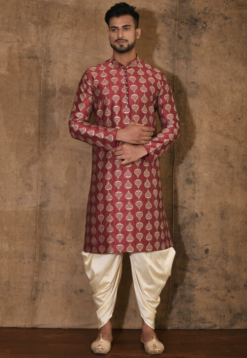 Embroidered Dupion Silk Kurta Set in Maroon