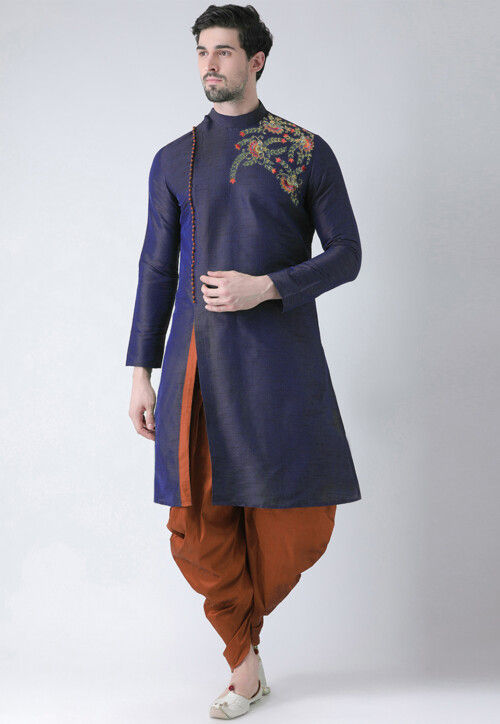 Embroidered Dupion Silk Kurta Set in Navy Blue