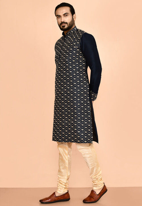 Embroidered Dupion Silk Kurta Set in Navy Blue