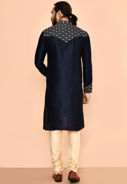 Embroidered Dupion Silk Kurta Set in Navy Blue