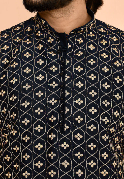 Embroidered Dupion Silk Kurta Set in Navy Blue