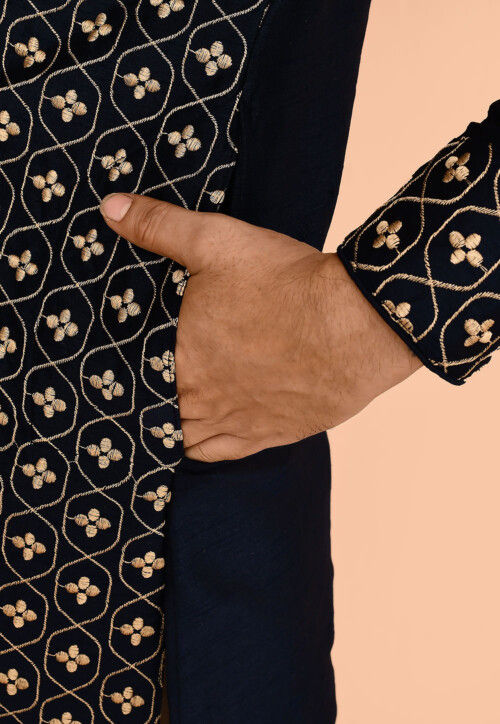 Embroidered Dupion Silk Kurta Set in Navy Blue