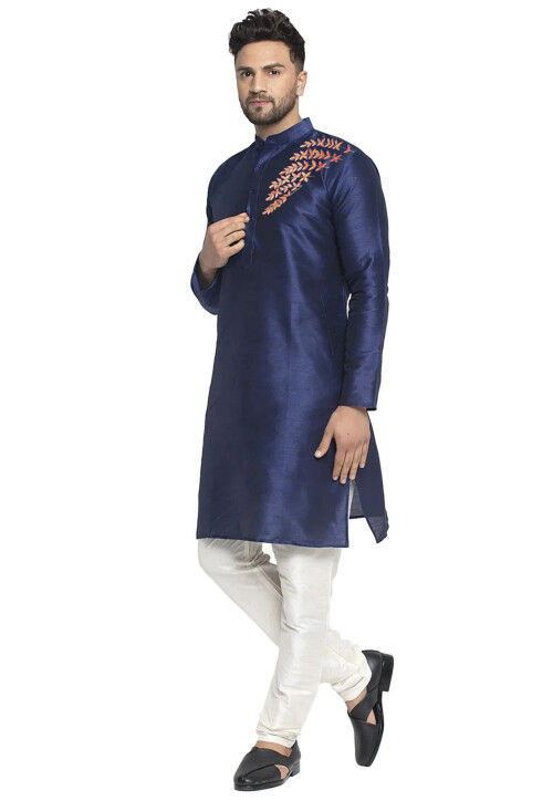 Embroidered Dupion Silk Kurta Set in Navy Blue