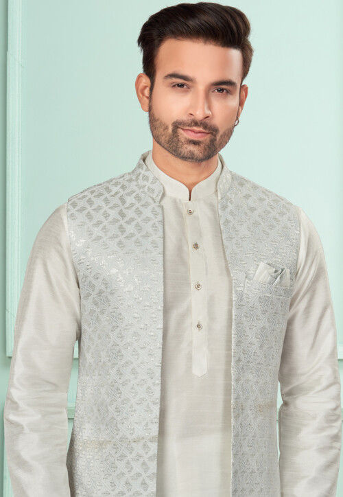 Embroidered Dupion Silk Kurta Set in Off White