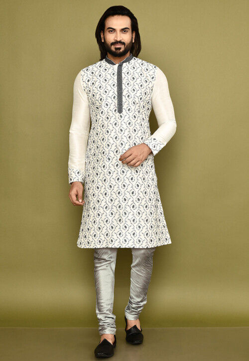 Embroidered Dupion Silk Kurta Set in Off White