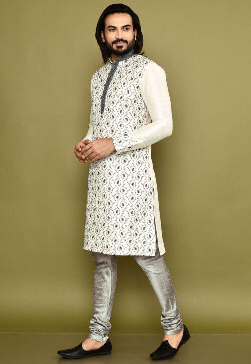 Embroidered Dupion Silk Kurta Set in Off White