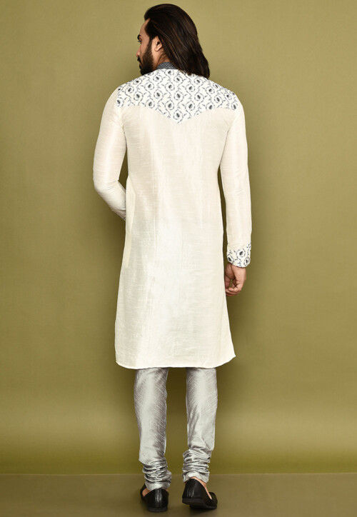 Embroidered Dupion Silk Kurta Set in Off White