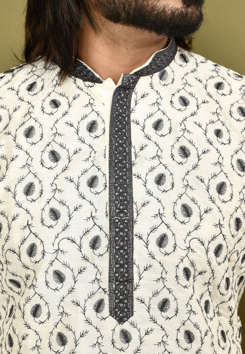 Embroidered Dupion Silk Kurta Set in Off White