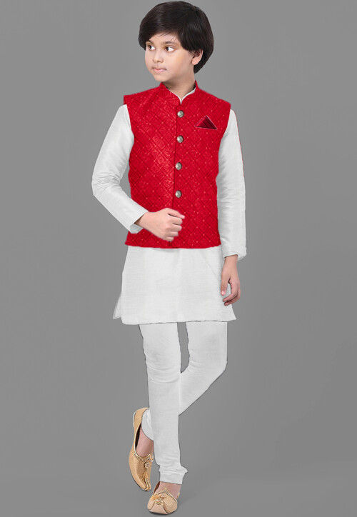 Embroidered Dupion Silk Kurta Set in Off White