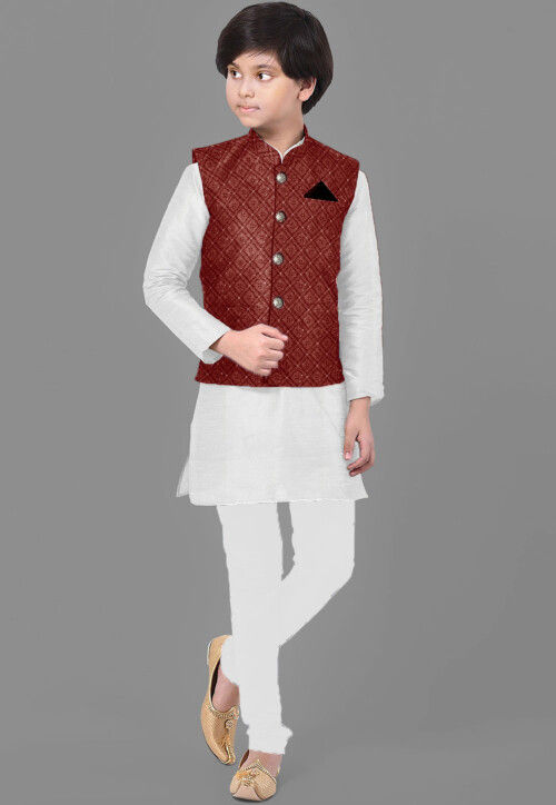 Embroidered Dupion Silk Kurta Set in Off White and Maroon