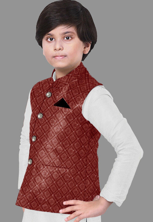 Embroidered Dupion Silk Kurta Set in Off White and Maroon