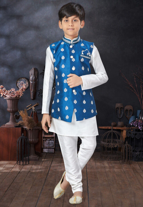 Embroidered Dupion Silk Kurta Set in Off White