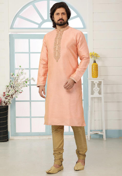 Embroidered Dupion Silk Kurta Set in Peach