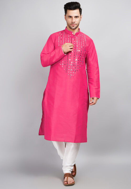 Embroidered Dupion Silk Kurta Set in Pink