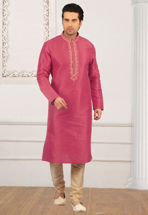 Embroidered Dupion Silk Kurta Set in Pink