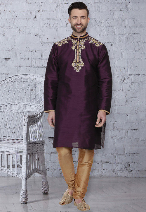 Buy Embroidered Dupion Silk Kurta Set in Purple Online : MVE1268 ...