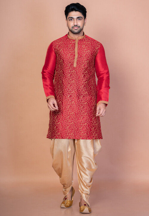 Embroidered Dupion Silk Kurta Set in Red