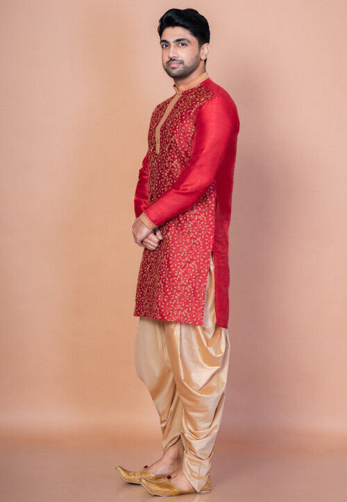 Embroidered Dupion Silk Kurta Set in Red