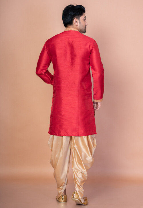 Embroidered Dupion Silk Kurta Set in Red