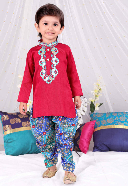 Embroidered Dupion Silk Kurta Set in Red