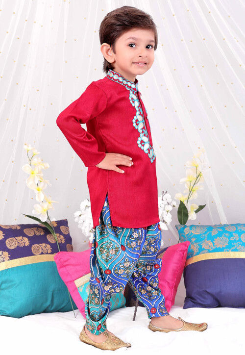 Embroidered Dupion Silk Kurta Set in Red