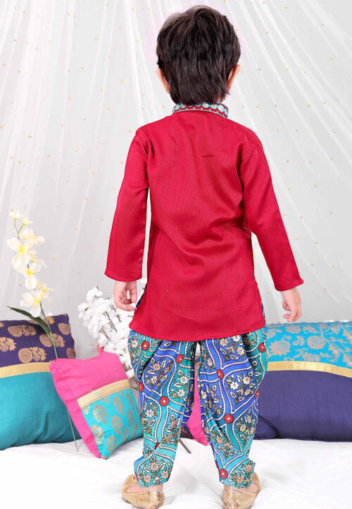 Embroidered Dupion Silk Kurta Set in Red