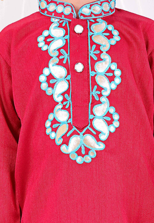 Embroidered Dupion Silk Kurta Set in Red