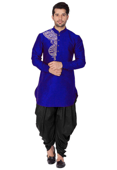 Embroidered Dupion Silk Kurta Set in Royal Blue