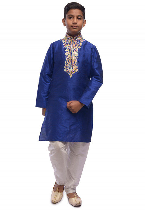 Embroidered Dupion Silk Kurta Set in Royal Blue