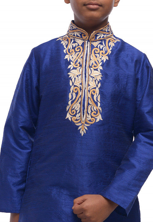 Embroidered Dupion Silk Kurta Set in Royal Blue