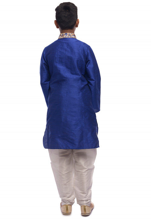 Embroidered Dupion Silk Kurta Set in Royal Blue