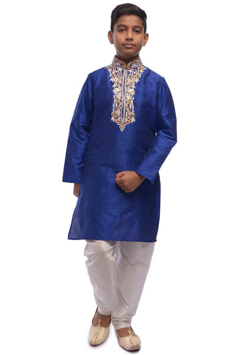 Embroidered Dupion Silk Kurta Set in Royal Blue