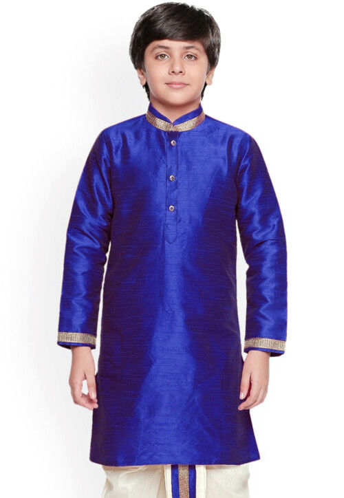 Embroidered Dupion Silk Kurta Set in Royal Blue