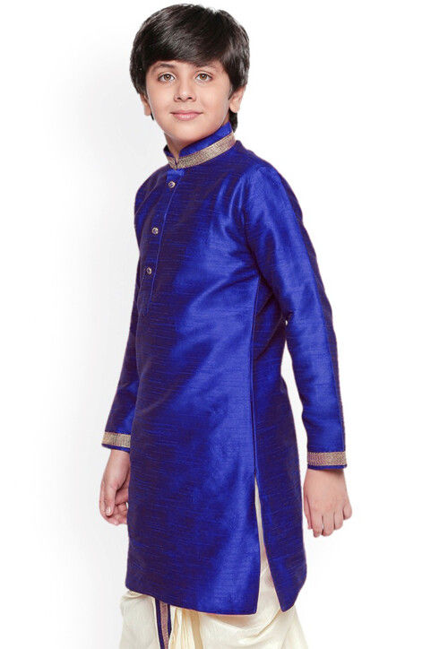 Embroidered Dupion Silk Kurta Set in Royal Blue