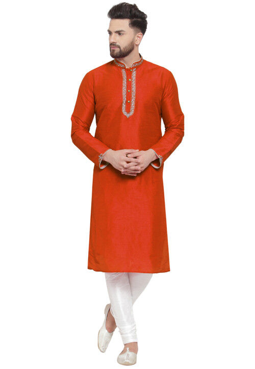 Embroidered Dupion Silk Kurta Set in Rust