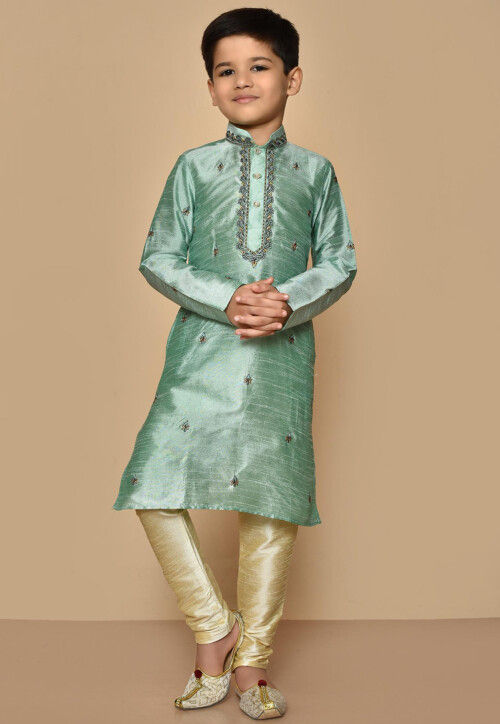 Embroidered Dupion Silk Kurta Set in Sea Green
