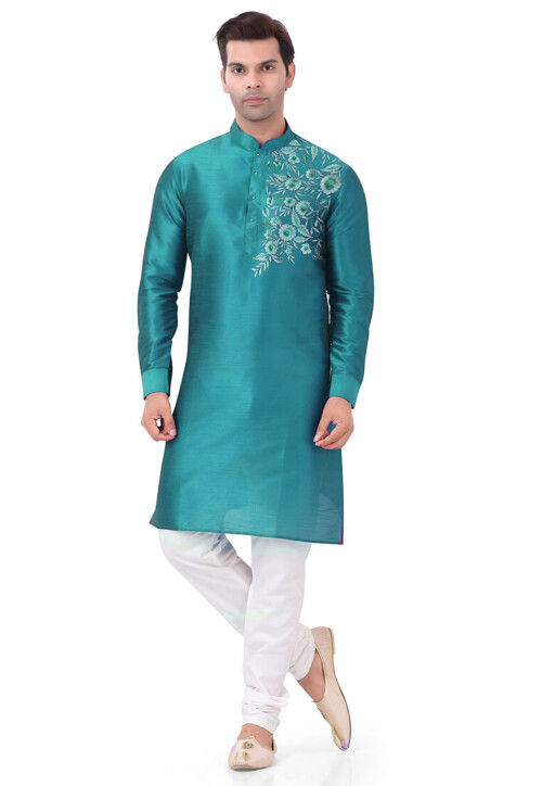Embroidered Dupion Silk Kurta Set in Turquoise