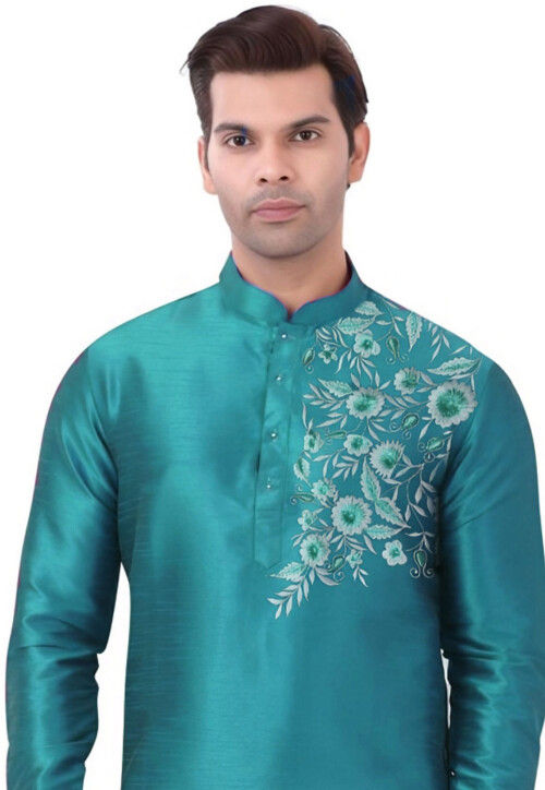 Embroidered Dupion Silk Kurta Set in Turquoise