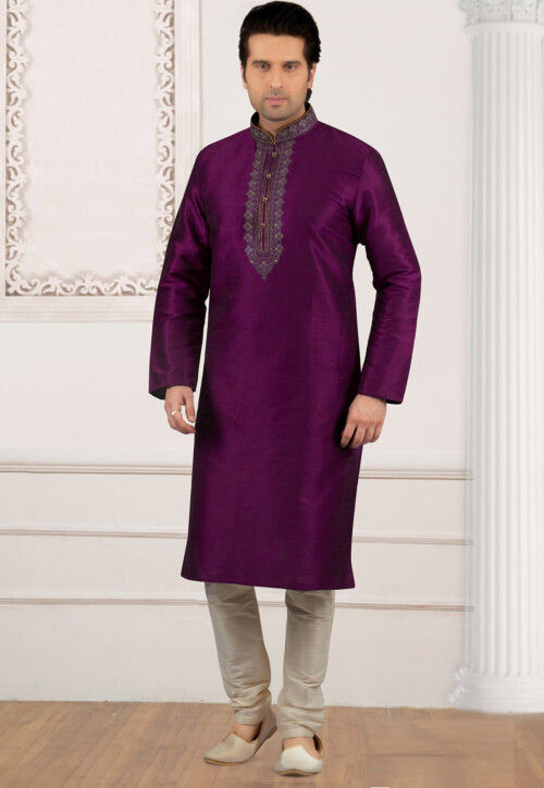 Embroidered Dupion Silk Kurta Set in Violet