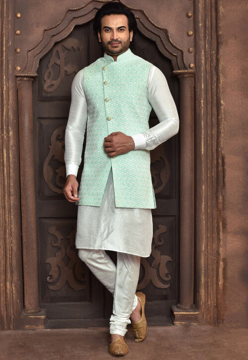 Embroidered Dupion Silk Kurta Set in White