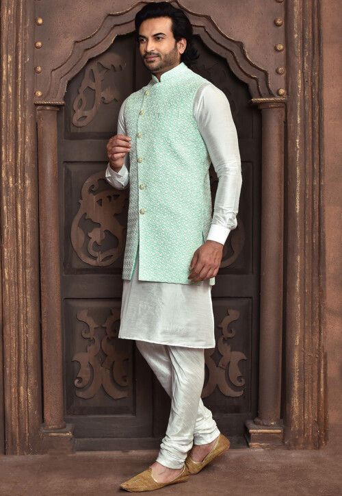 Embroidered Dupion Silk Kurta Set in White