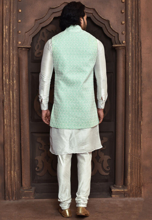 Embroidered Dupion Silk Kurta Set in White