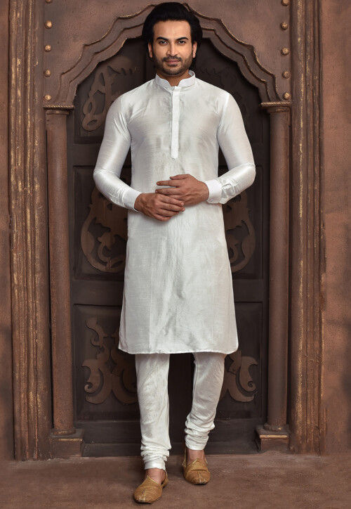 Embroidered Dupion Silk Kurta Set in White