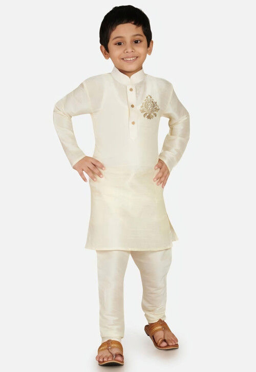 Embroidered Dupion Silk Kurta Set in White