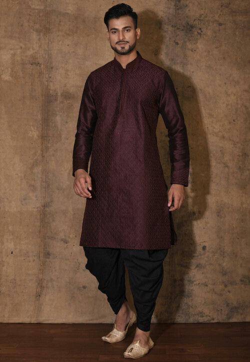 Embroidered Dupion Silk Kurta Set in Wine