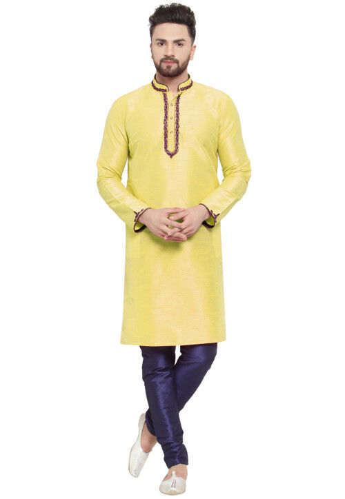 Embroidered Dupion Silk Kurta Set in Yellow